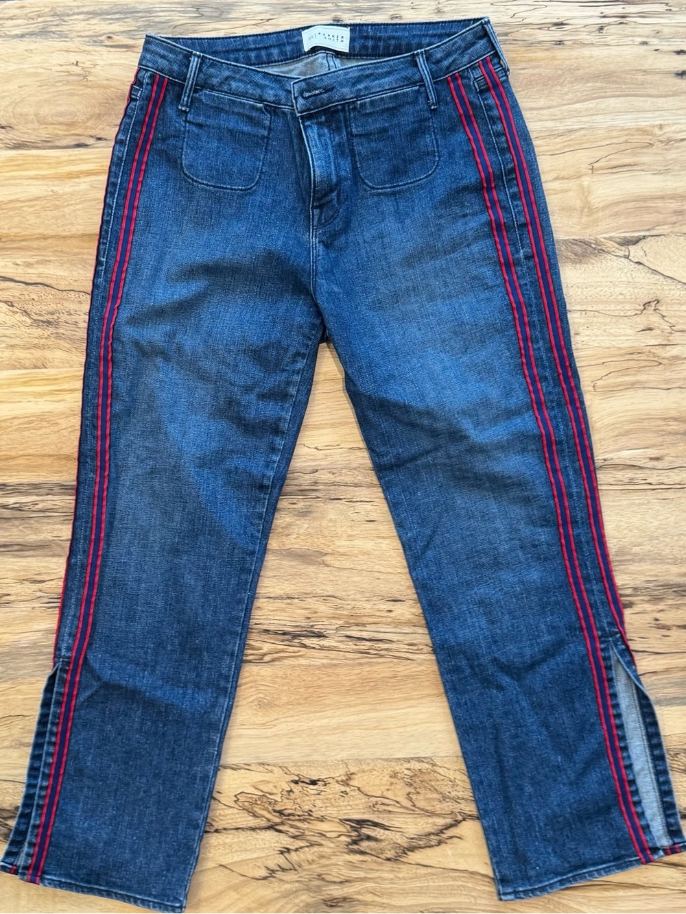 PARKER SMITH Dark Blue Straight-Leg Jeans with Red Side Stripes & Split Hem